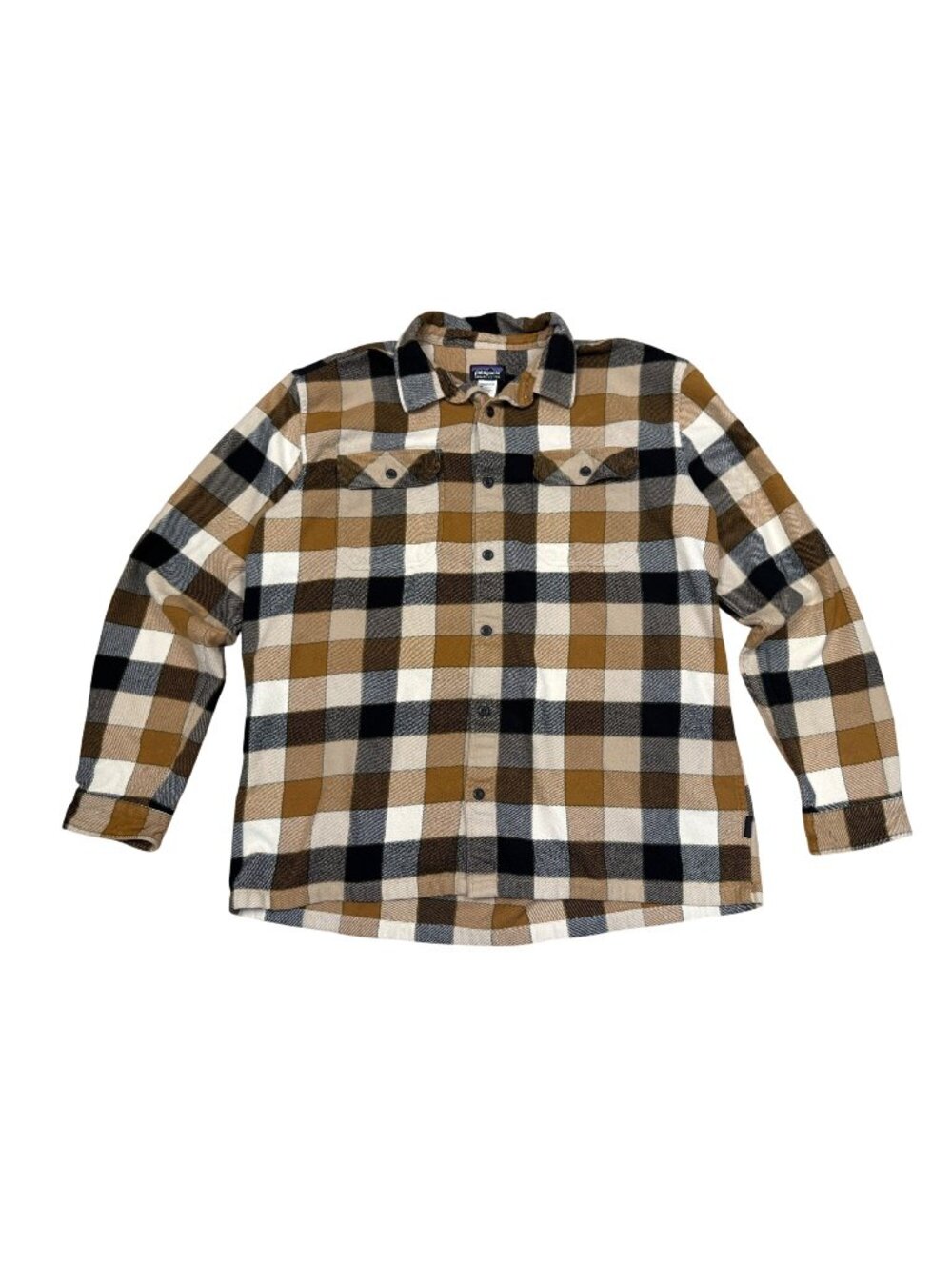 Patagonia Mens Organic Cotton Flannel Shirt XL Brown/Black Plaid Long Sleeve But